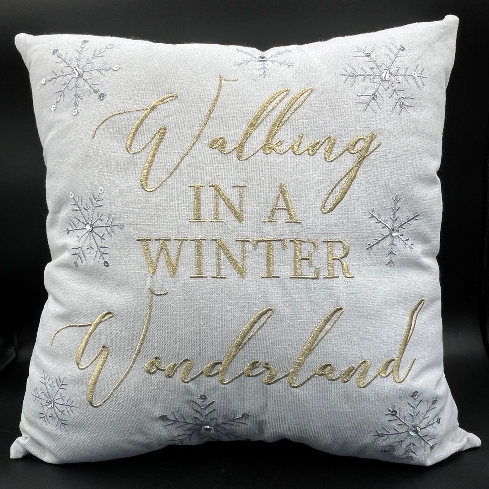 Walking In A Winter Wonderland Gold Silver Embroidered Snowflake Pillow‎ 15"x15"